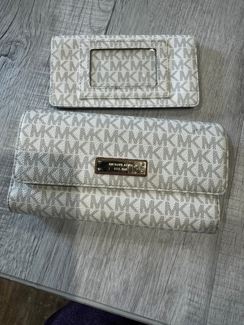 Michael Kors Beige & White Signature Monogram Wallet Set, with Checkbook holder